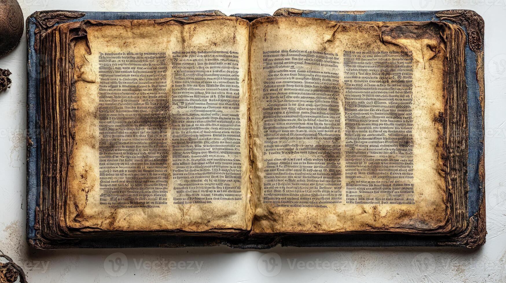 A weathered open book displays intricate text and faded pages, whispering tales of the past photo