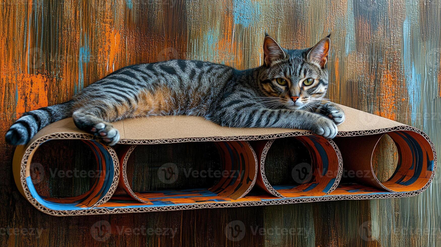 A striped cat relaxes on a cardboard shelf with vibrant wall art around it photo