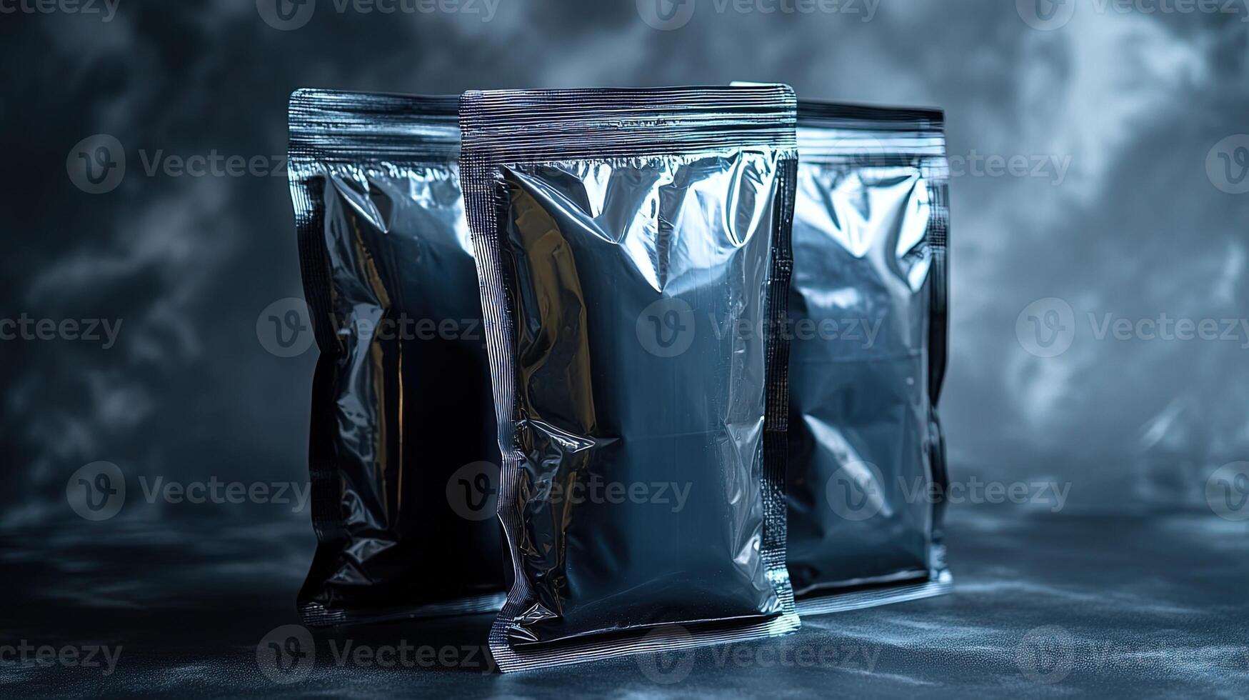 Three shiny black packages stand out against a textured gray backdrop, sparking curiosity photo