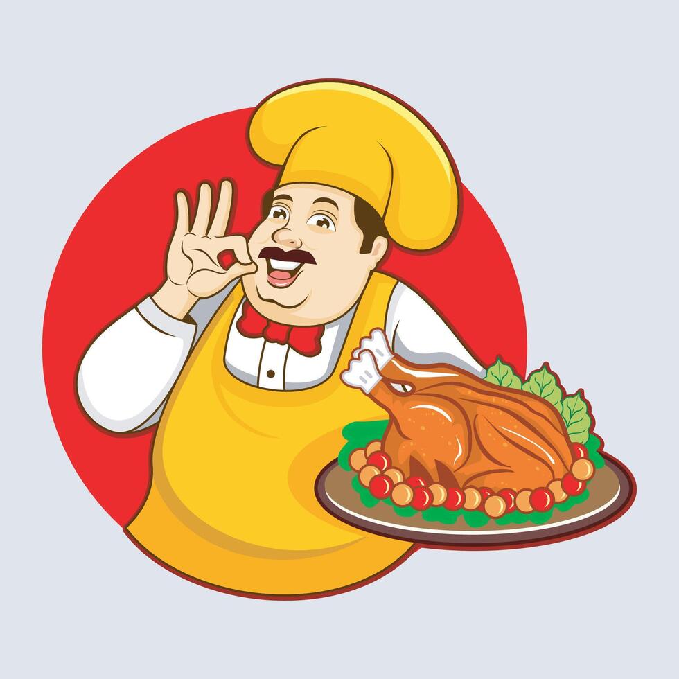 The chef serves delicious grilled chicken vector