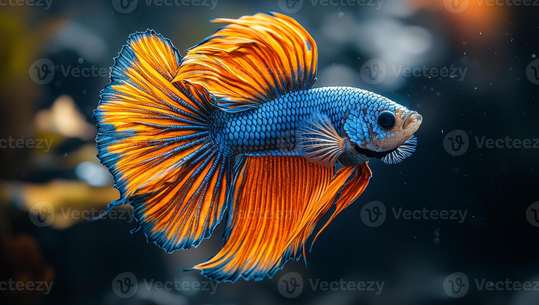 Vibrant fish displays its fins in water. Colorful betta fish swims gracefully in aquarium water photo