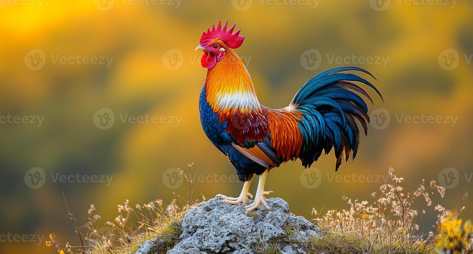 Rooster perched proudly on a rock. Colorful rooster standing majestically on a rock at sunrise with a vibrant natural backdrop photo
