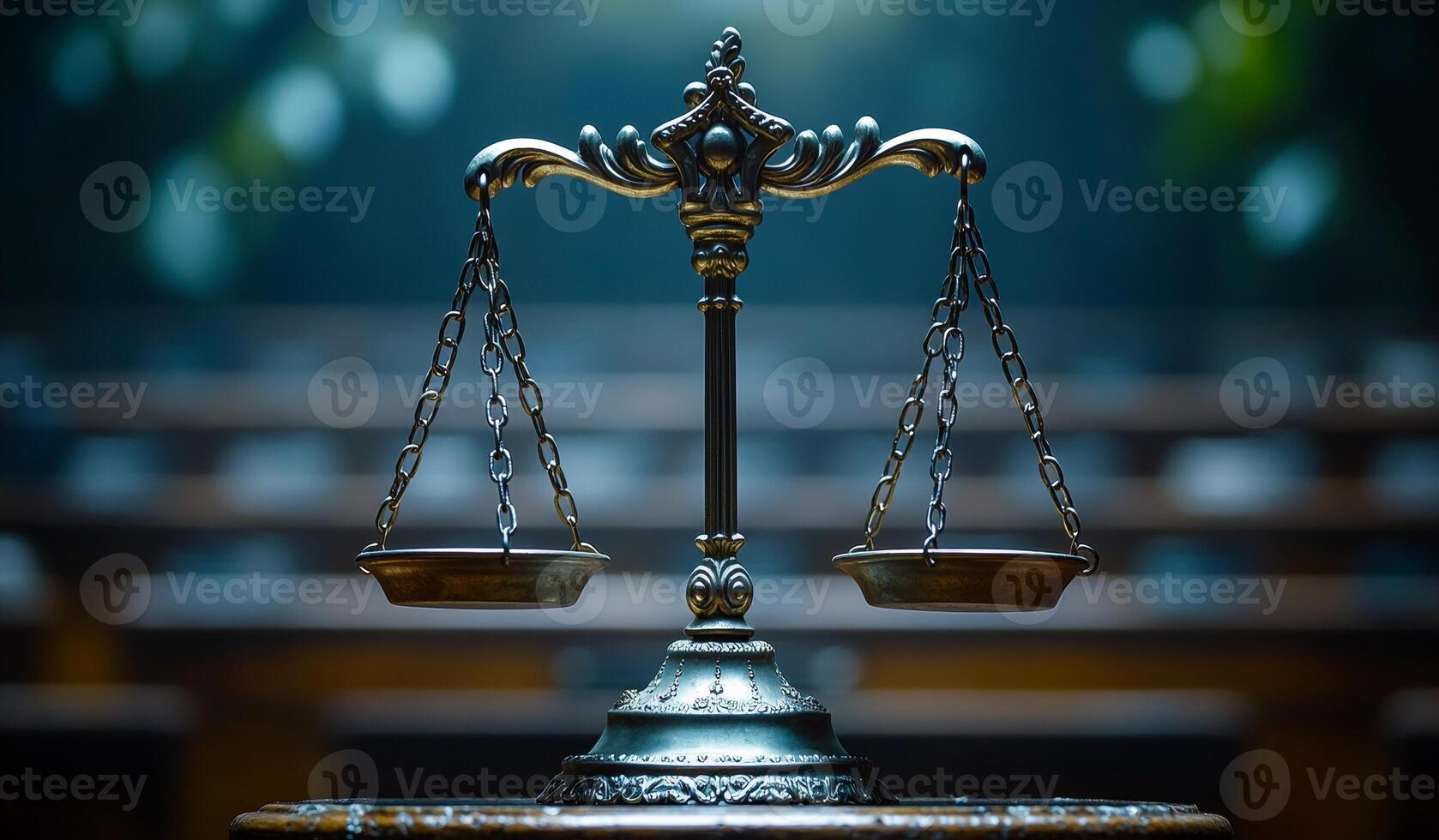 Scales symbolize legal fairness. Symbol of justice displayed in an empty courtroom highlighting the importance of fair trials and legal integrity photo