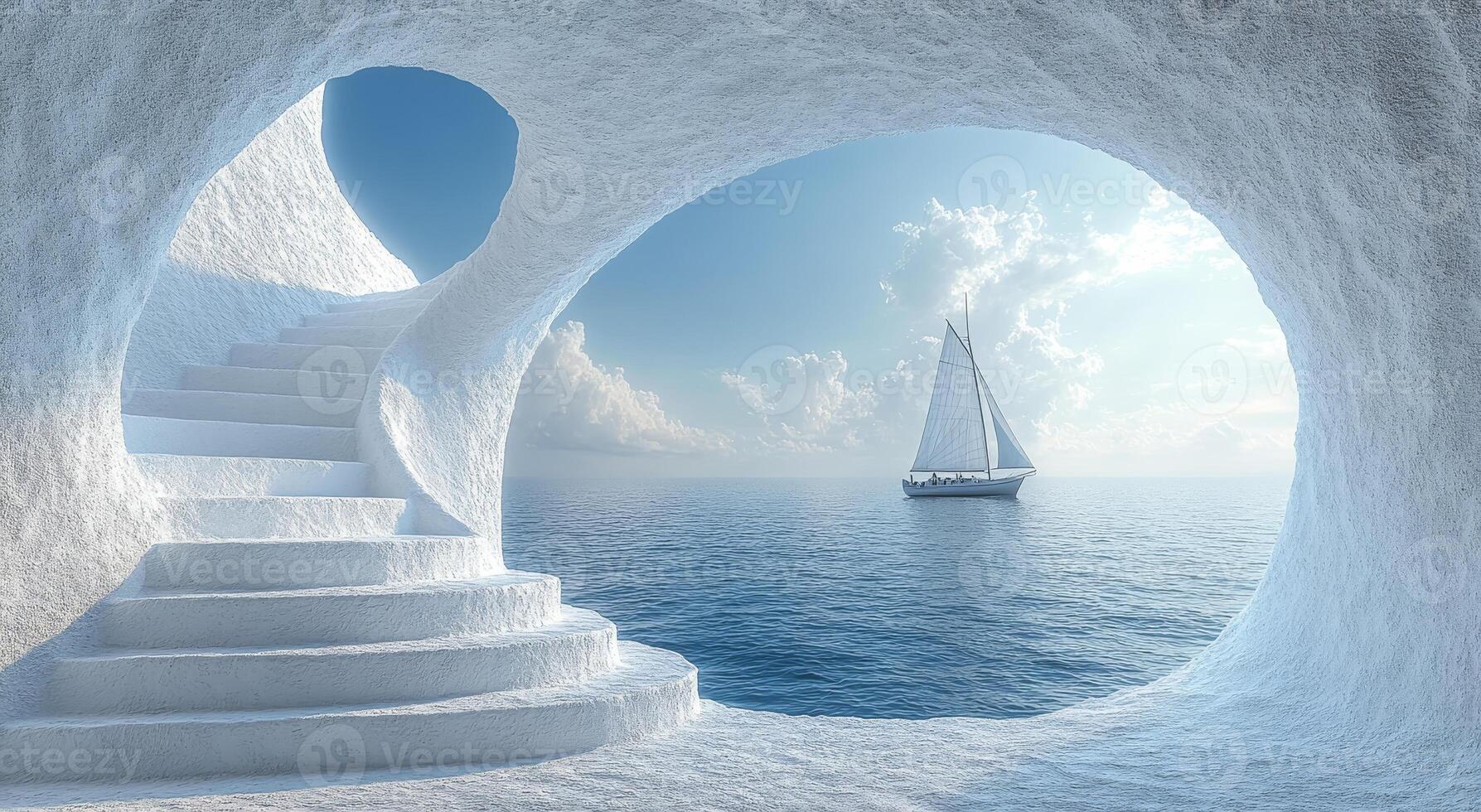 Stunning ocean view from a cave entrance. Beautiful view from a cave with steps leading to the ocean and a sailboat on a clear day photo