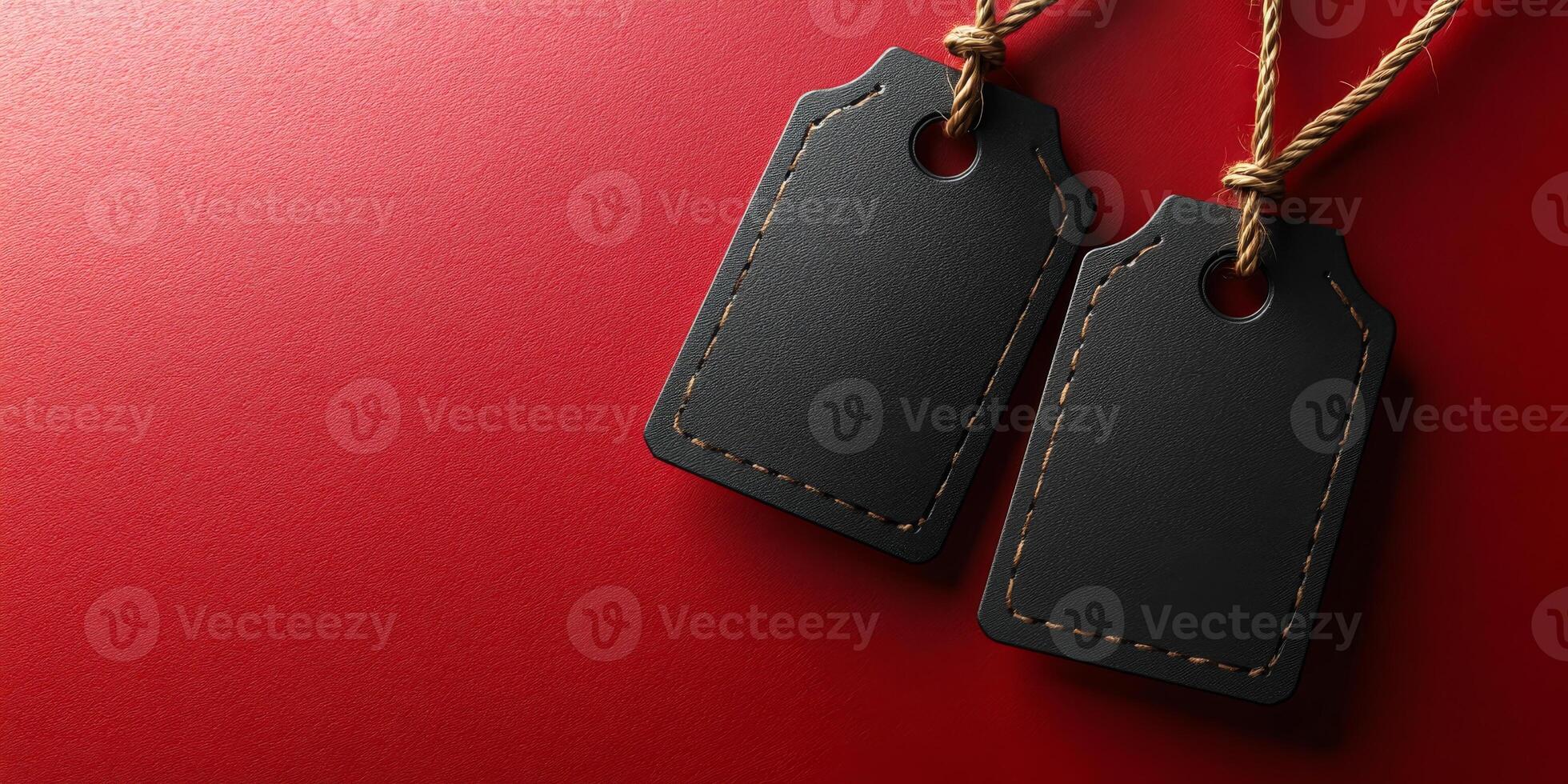 Customizable blank tags. Decorative black tags hanging on a red background for various uses and crafting inspiration photo
