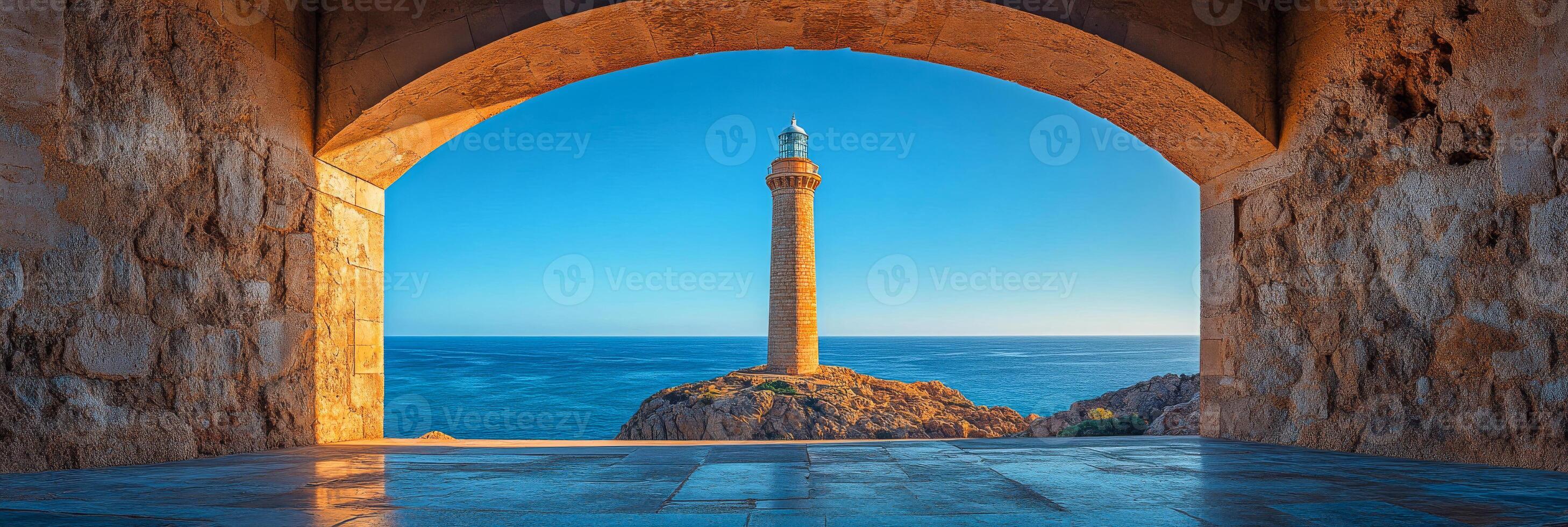 Lighthouse stands tall over open sea. Coastal lighthouse viewed through archway at sunset photo