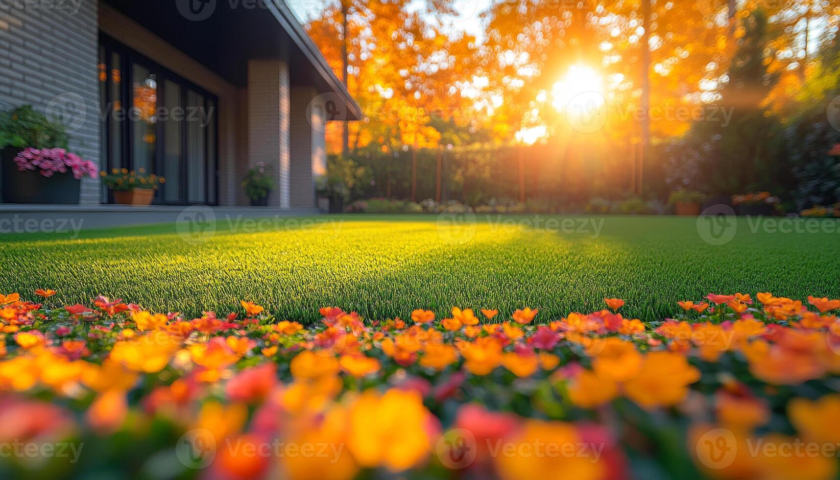 Bright flowers stand out on grass. Vibrant autumn garden at sunset with blooming flowers and soft sunlight photo