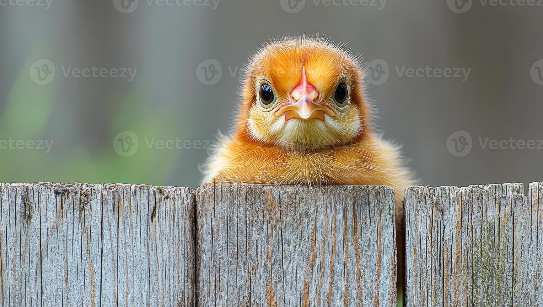 Young chick peeking from the fence. Chick observes the world from behind a wooden fence in a serene countryside setting photo