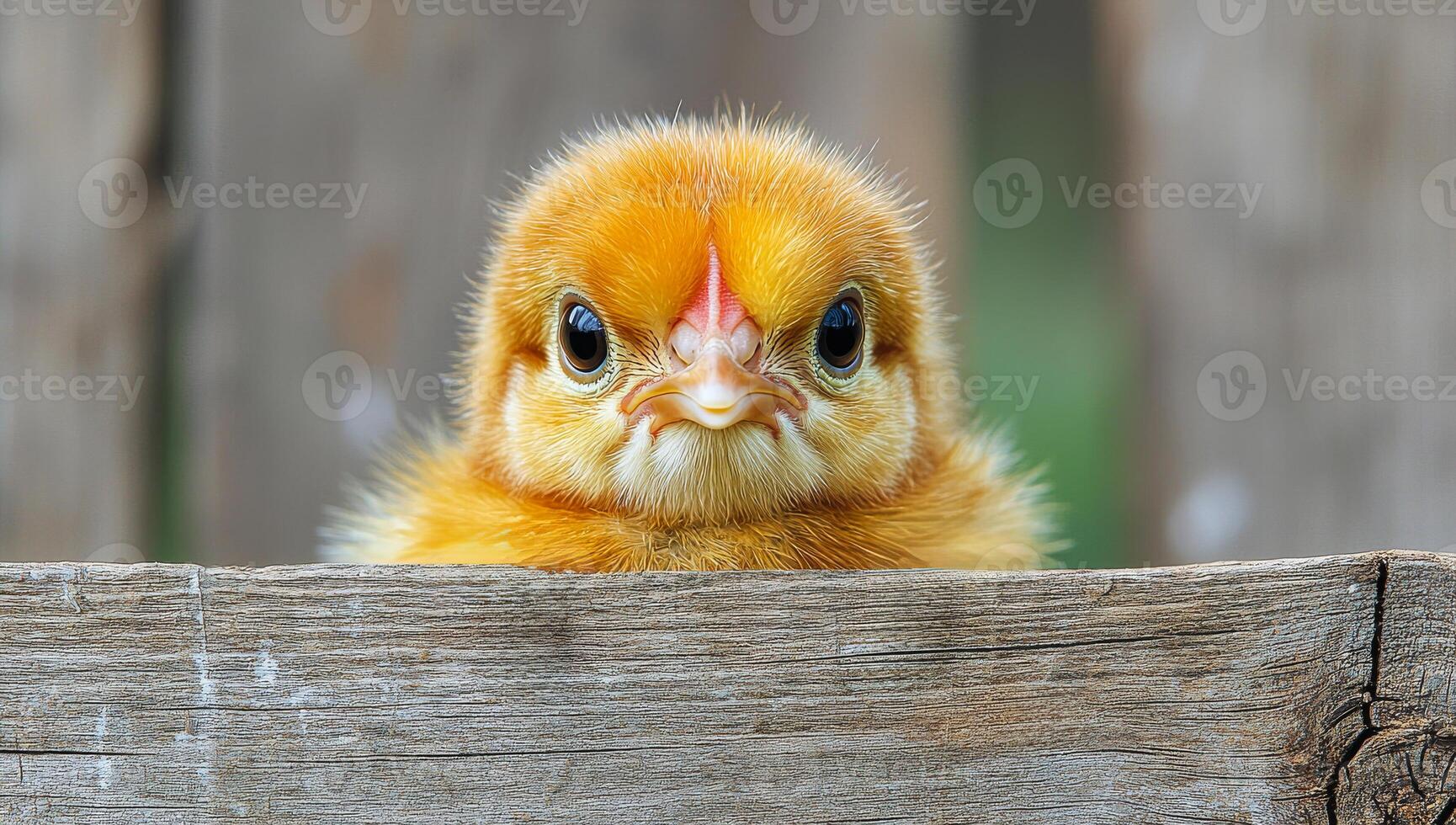 Fluffy chick peeks from wood. Cute yellow chick peeking over wooden fence in a sunny garden during springtime photo
