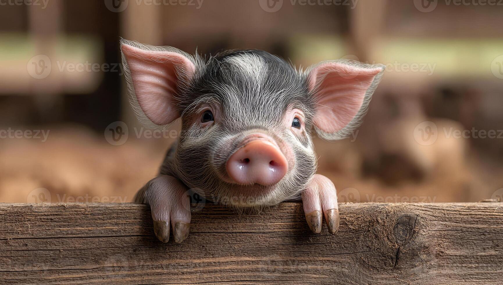 Piglet curiously looks over the fence. Cute piglet peeks over wooden fence in barn, enjoying a sunny day on the farm photo
