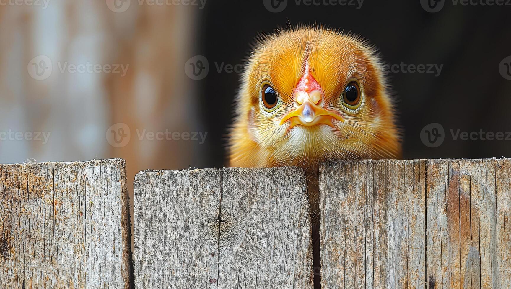 A chick explores its world. Bright orange chick peeking over wooden fence in rural setting during daylight hours photo
