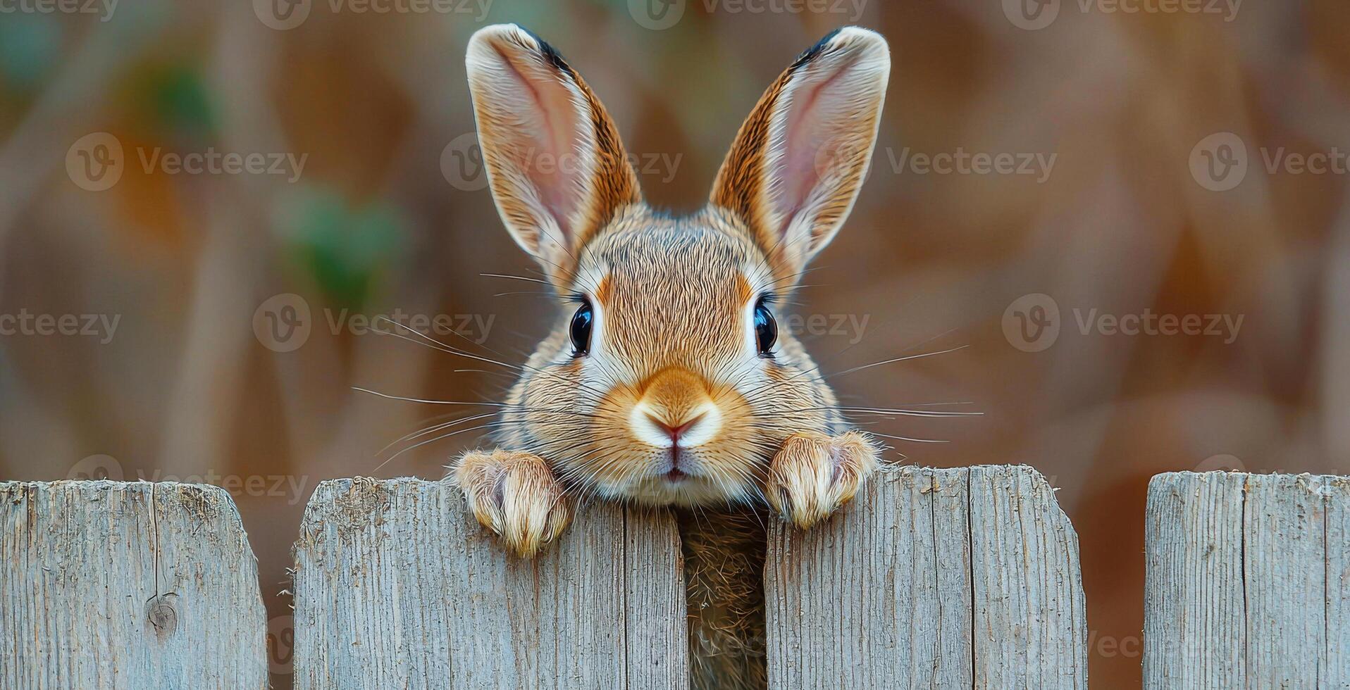 Rabbit peers over fence outdoors. Curious rabbit peeking over a wooden fence in a serene outdoor setting during daylight hours photo