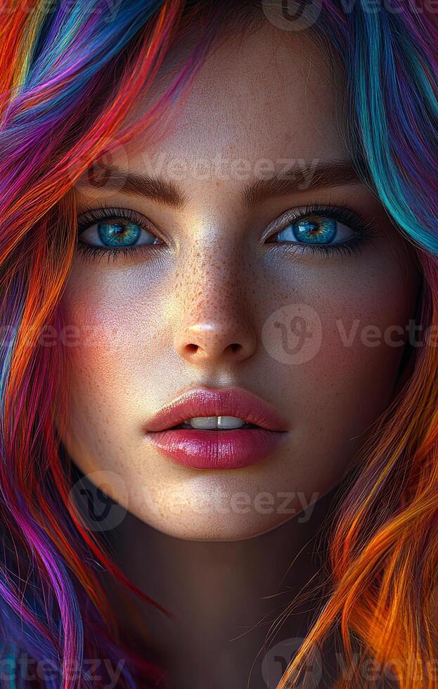 A woman with colorful hair and a blue eye. She has a pink lip and a smile on her face photo