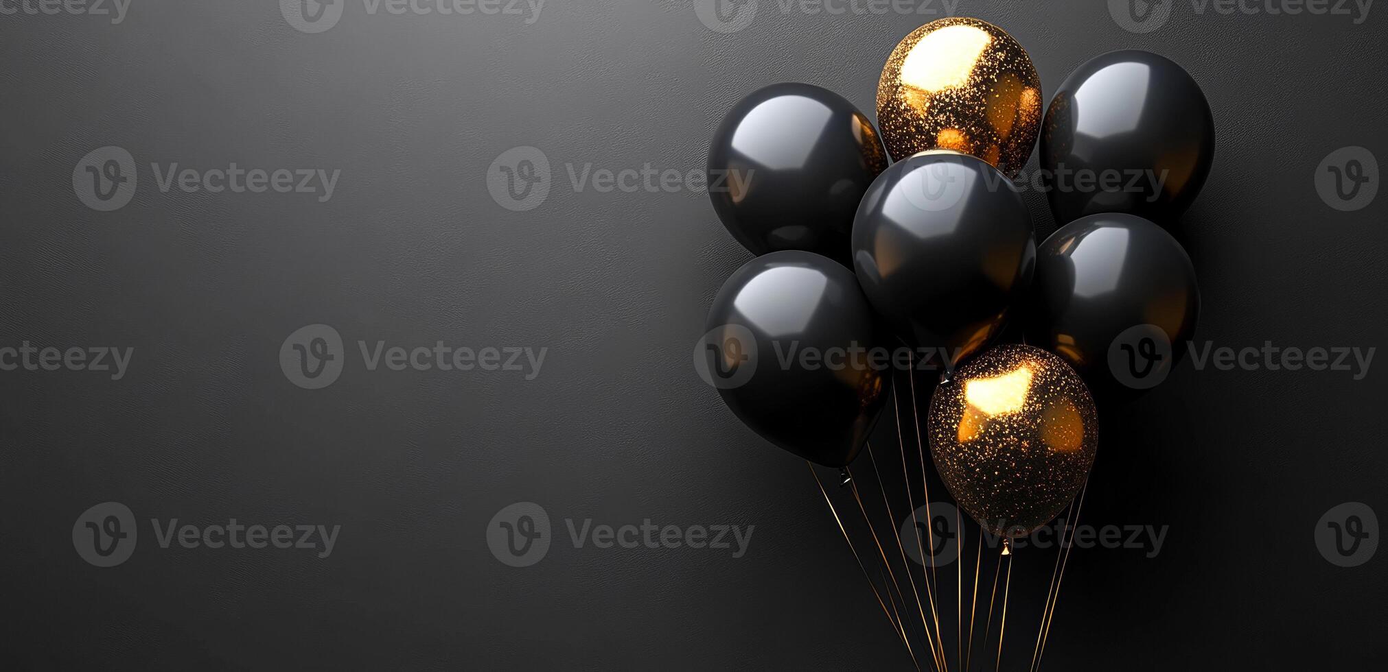 A bunch of black balloons with gold accents. The balloons are arranged in a way that they look like they are floating in the air. The image has a dark and mysterious mood, with the black balloons photo