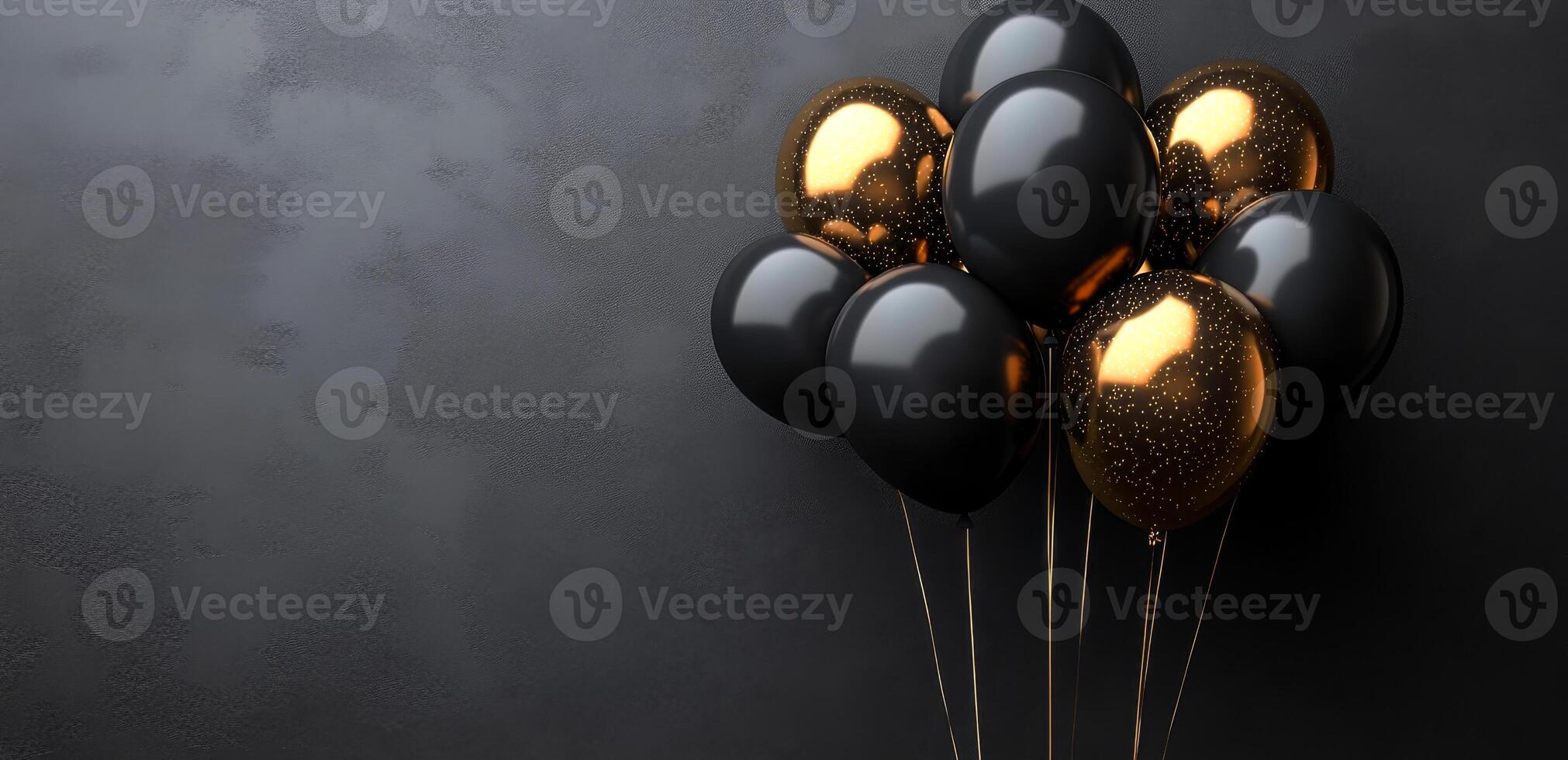 A bunch of black and gold balloons are floating in the air. The balloons are arranged in a way that they look like they are floating in the sky. Scene is celebratory and festive photo