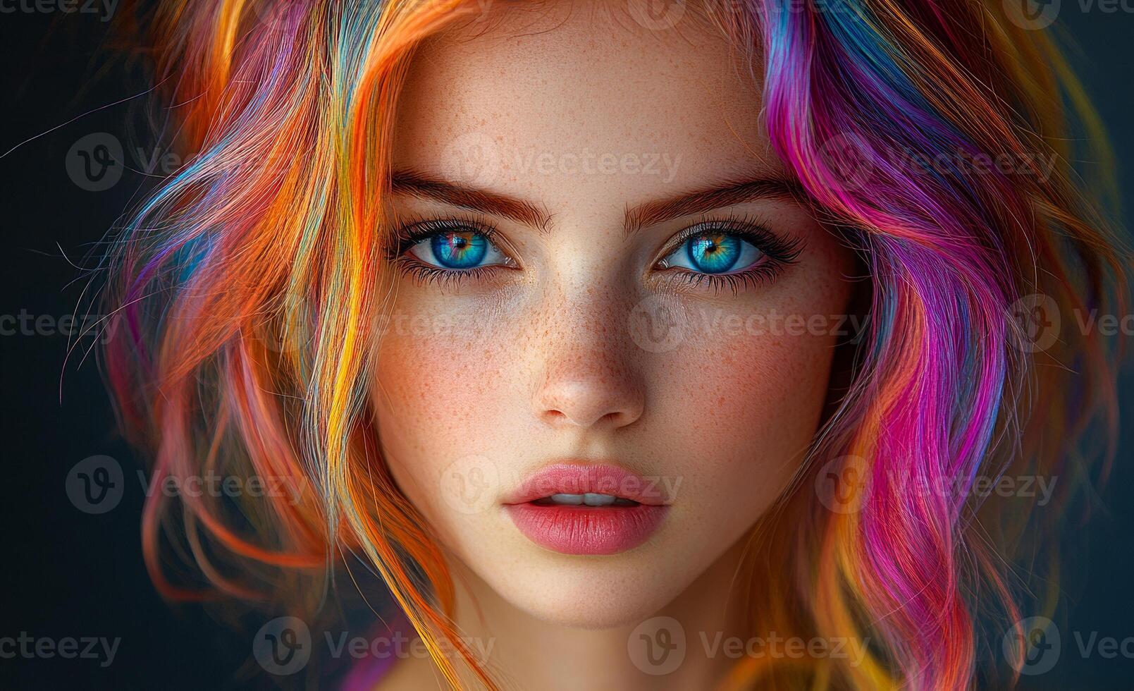 A woman with rainbow colored hair and blue eyes. She has a pink lip. The hair is long and colorful photo