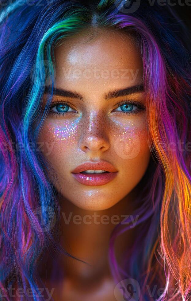 A woman with colorful hair and blue eyes. She has a lot of glitter on her face. The photo is colorful and vibrant