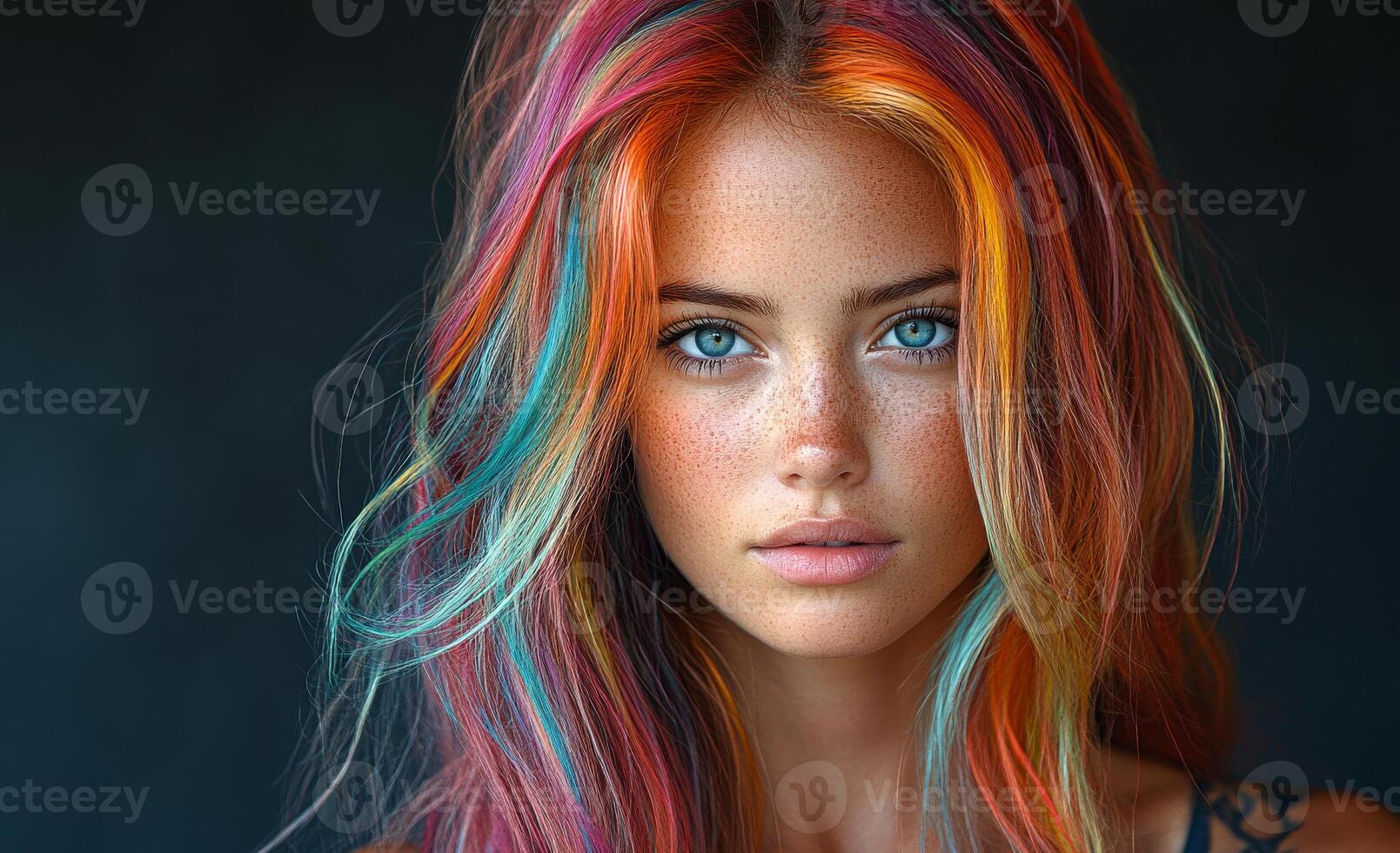 A woman with colorful hair and blue eyes. She has a tattoo on her arm. The image has a vibrant and lively mood photo