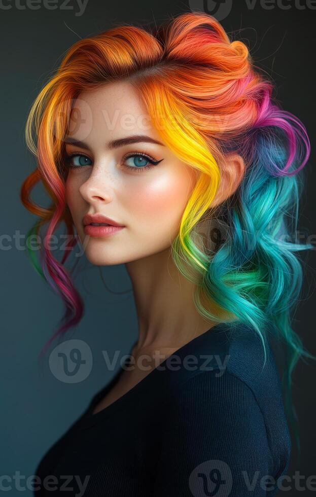 A woman with rainbow colored hair poses for a picture. The photo is in black and white. The woman has a bright and cheerful expression on her face