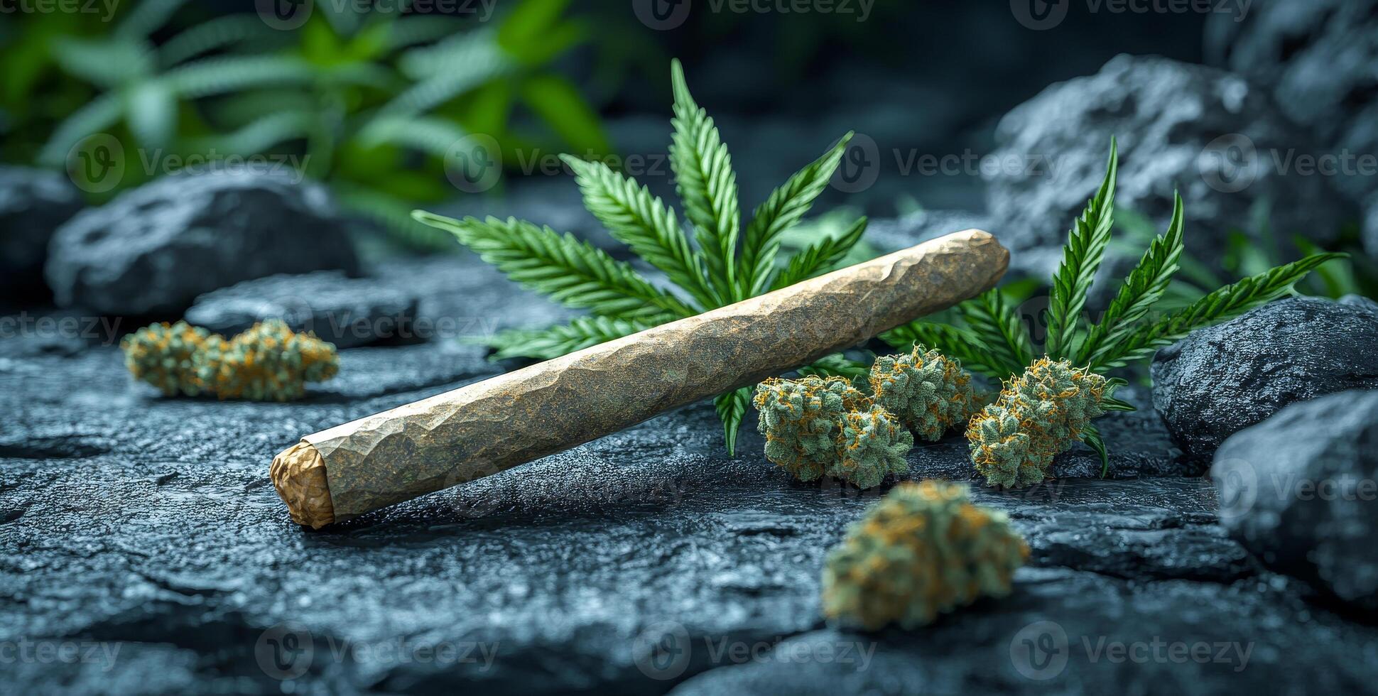 A rolled up joint of marijuana is on a rock with some leaves and buds. Scene is somewhat dark and mysterious, as the joint is surrounded by the natural elements of the outdoors photo