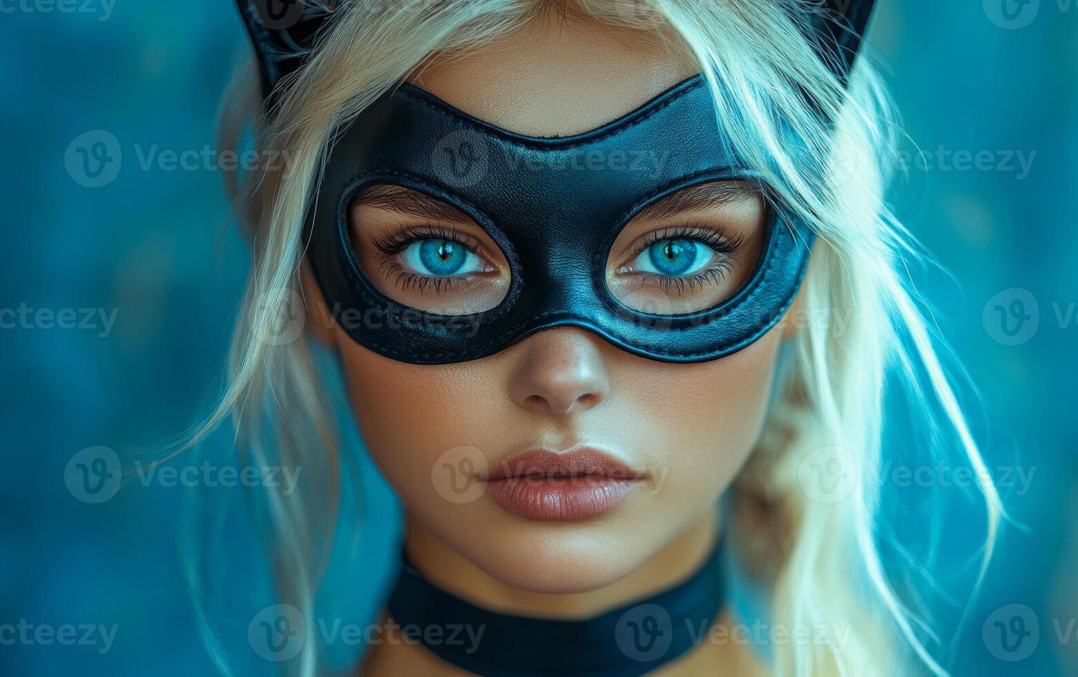 A woman with a black mask on her face. The mask is black and has a cat design on it photo