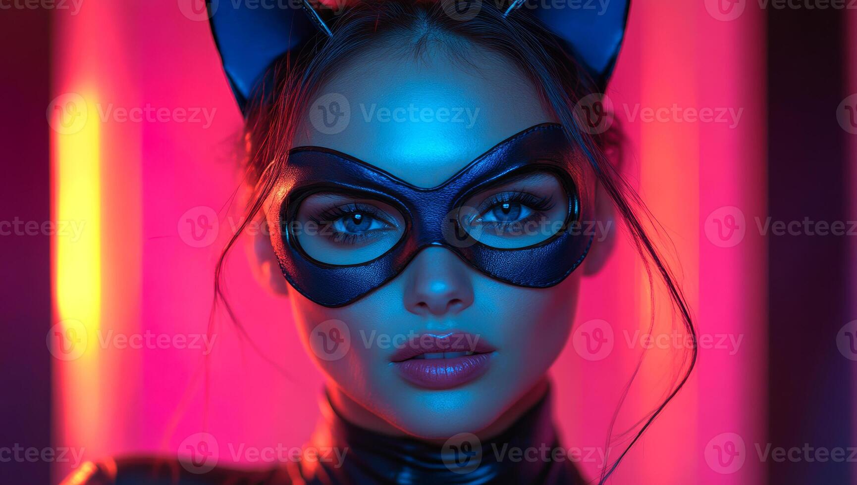 A woman in a cat costume with a black mask on her face. The photo is in a neon color