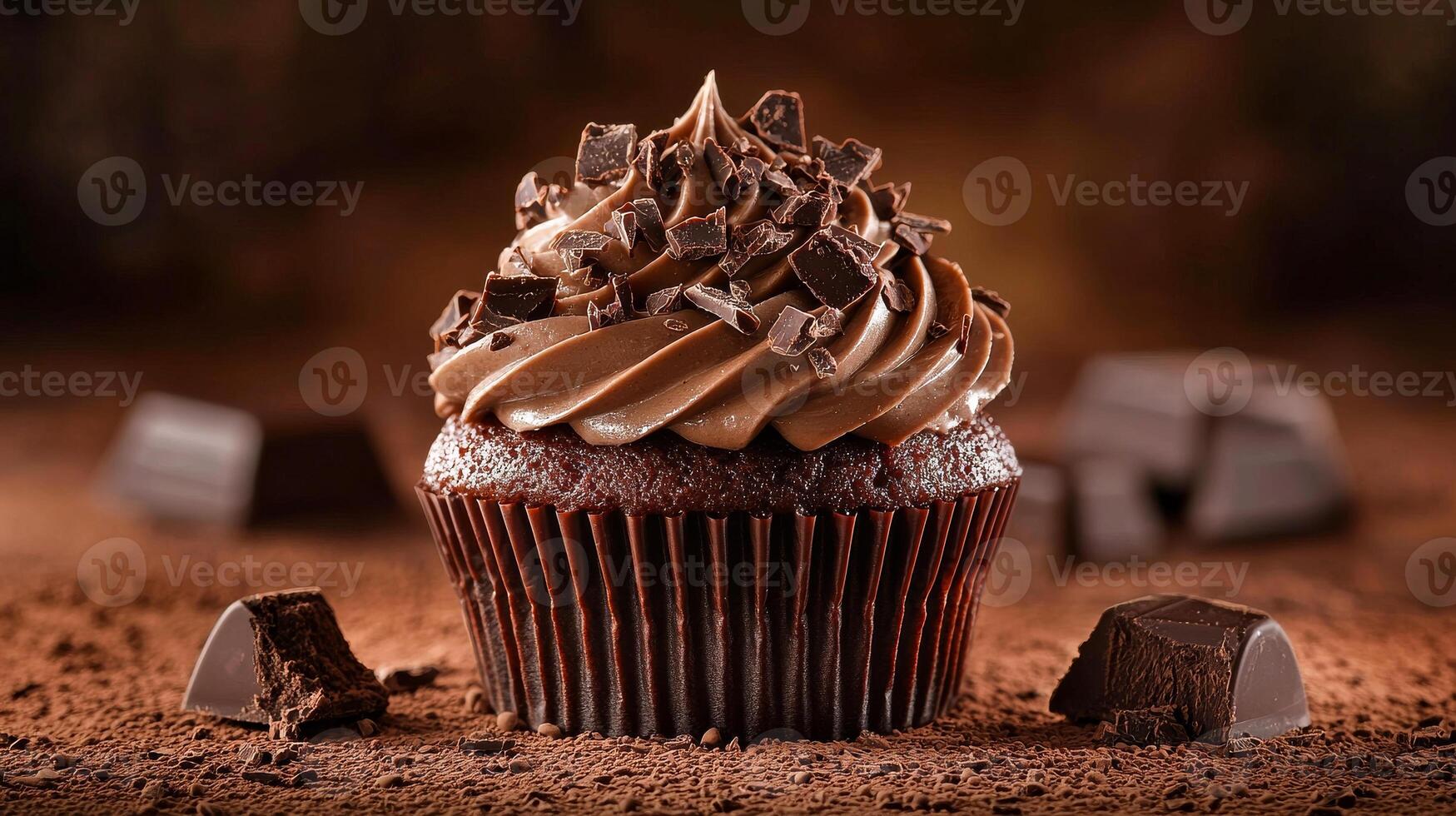 A chocolate cupcake with chocolate frosting and chocolate sprinkles on top. The cupcake is sitting on a brown surface with chocolate crumbs scattered around it photo