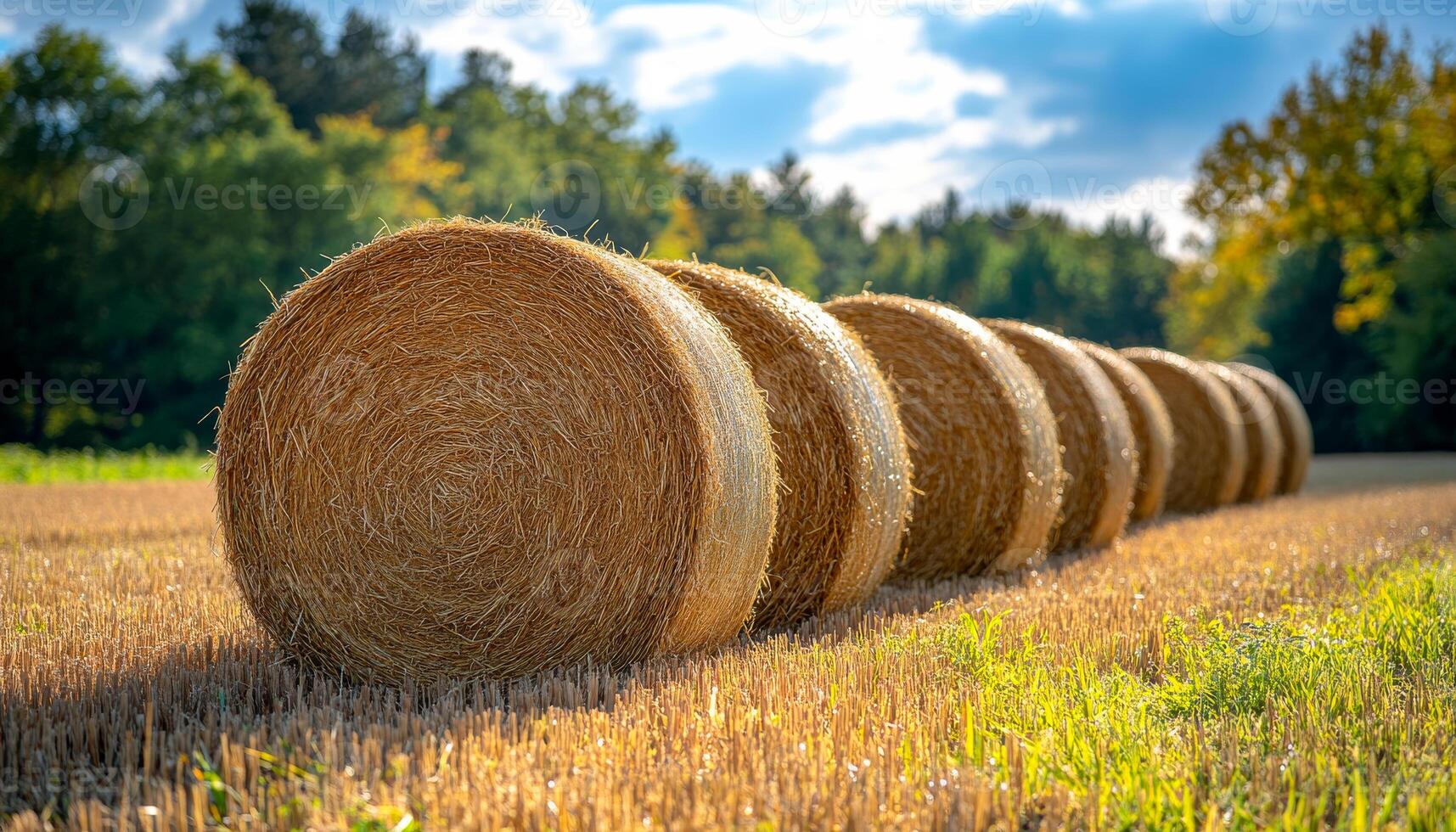 A field of hay is shown with a blue sky in the background. The hay is arranged in a row, with each roll being slightly larger than the one before it. Concept of abundance and growth photo