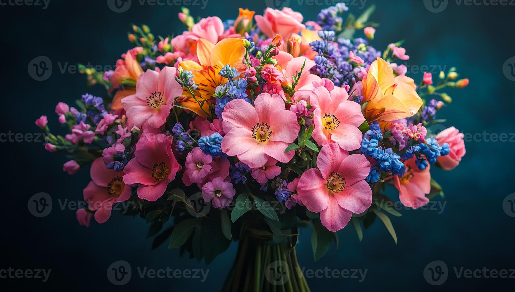 A bouquet of flowers with pink, blue, and orange flowers. The flowers are arranged in a vase and are placed on a blue background. The bouquet is colorful and vibrant, giving off a cheerful photo