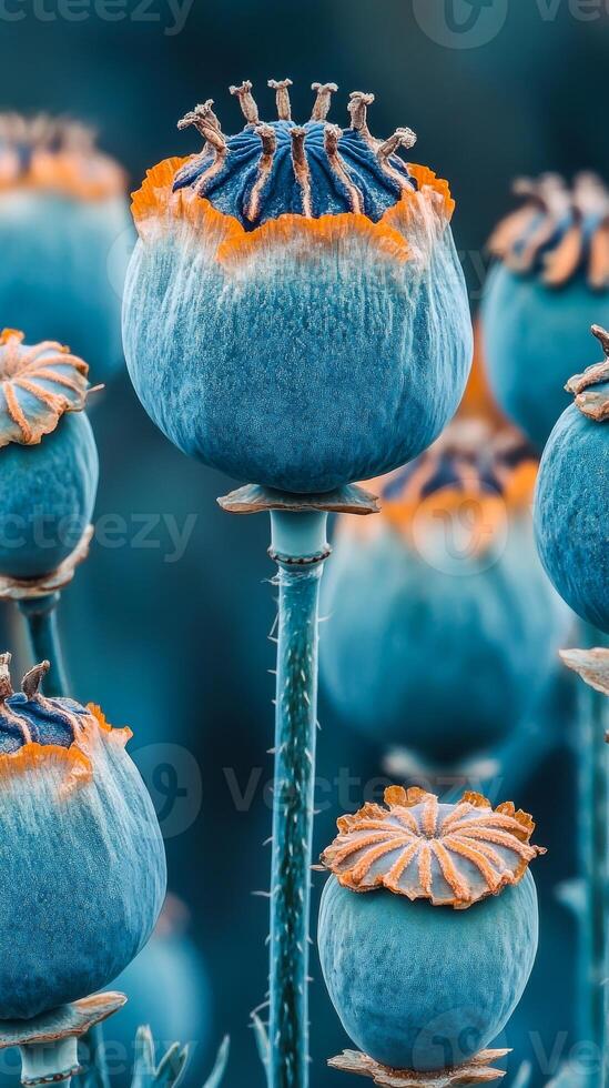 A bunch of blue flowers with orange centers. The flowers are in a field and are surrounded by grass photo