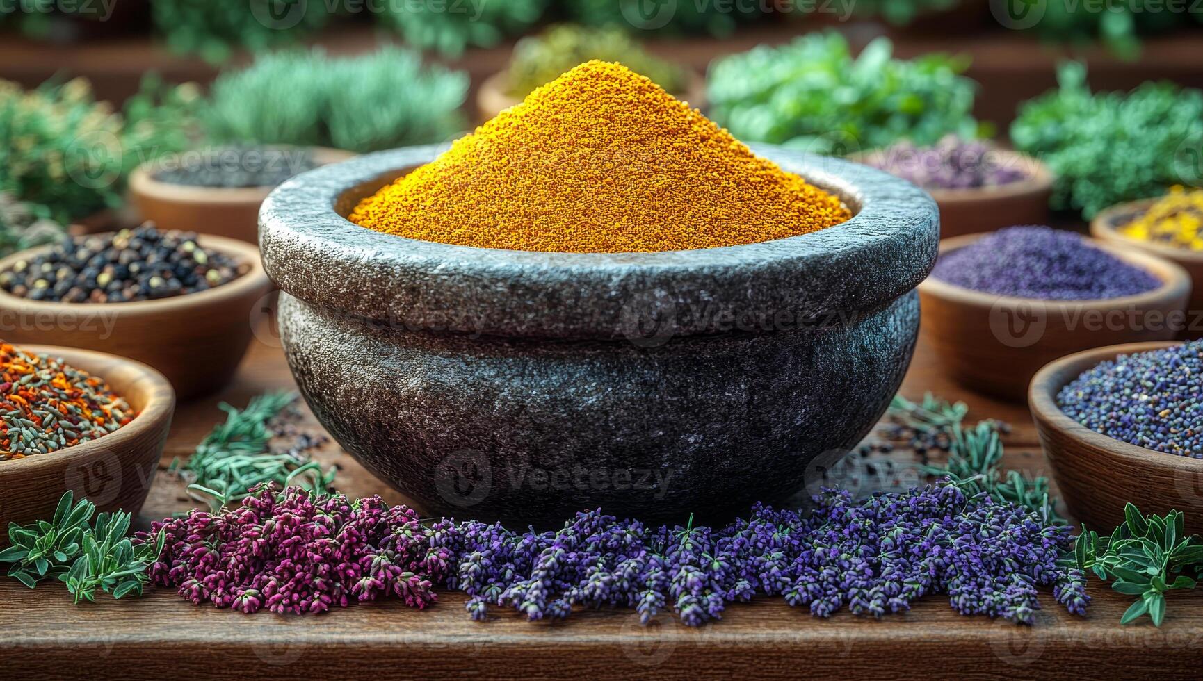 A bowl of spices is on a table with other bowls of spices. The spices include cumin, turmeric, and basil photo