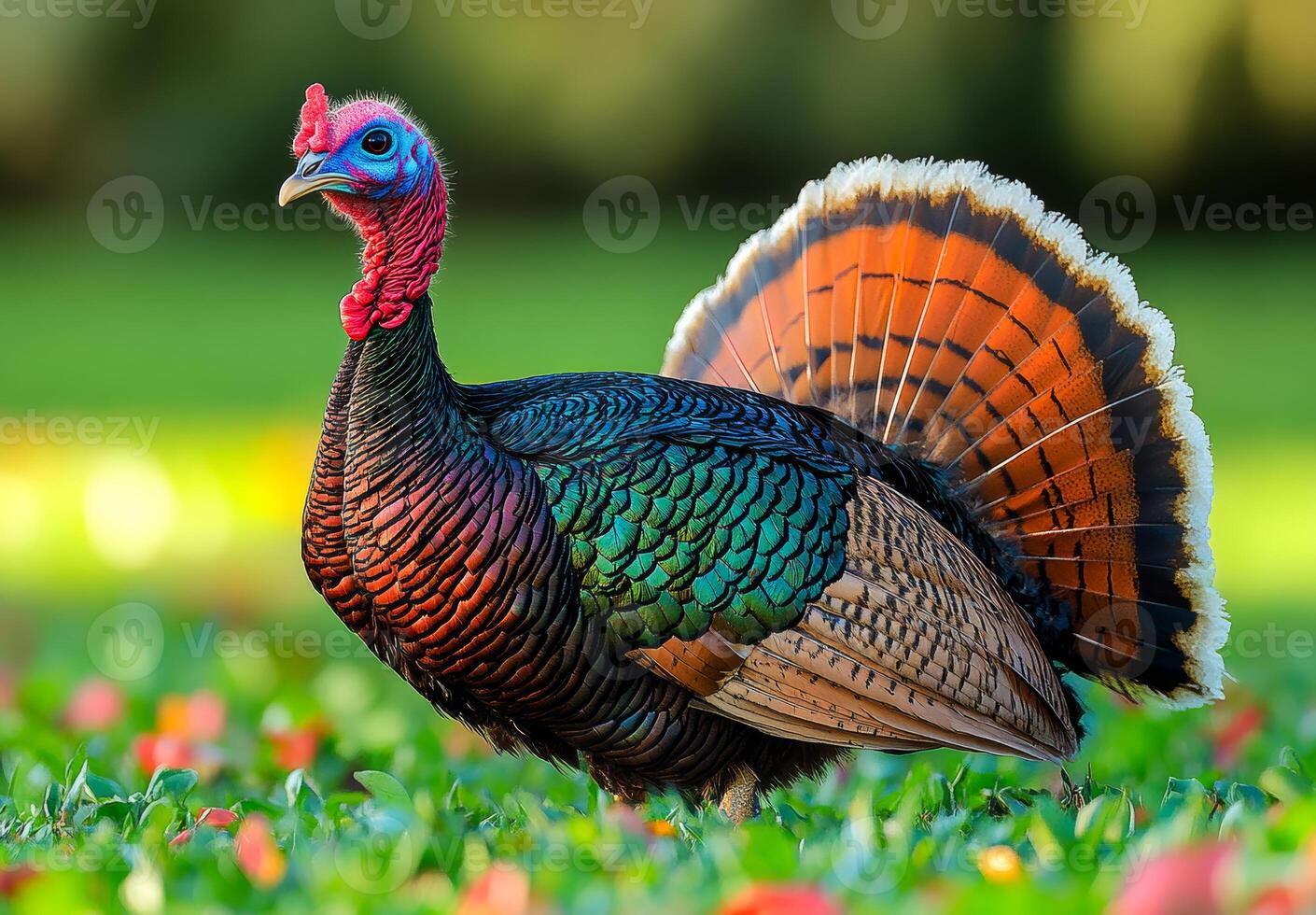 A turkey with a red head and green and brown feathers. The turkey is standing in a grassy field photo