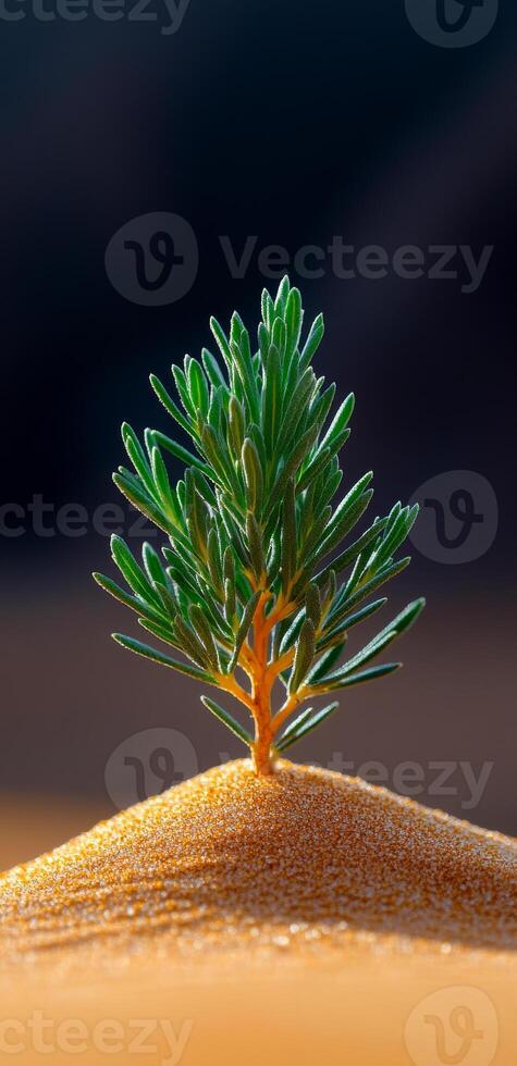 A small tree is growing on a sandy hill. The tree is surrounded by sand and he is the only plant in the area. Concept of solitude and isolation, as the tree stands alone in the vast desert landscape photo