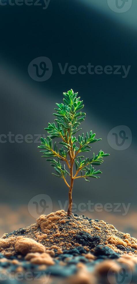 A small tree is growing in the dirt. The tree is green and has a few leaves. The image has a peaceful and calming mood, as the tree is growing in a natural setting photo