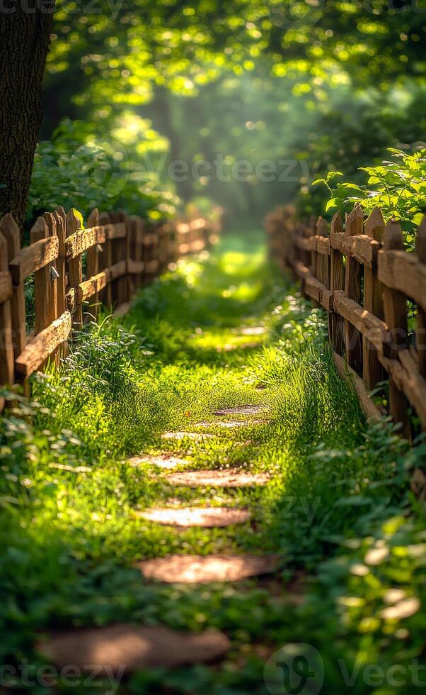 A path through a forest with a wooden fence on either side. The path is lined with grass and there are trees in the background photo