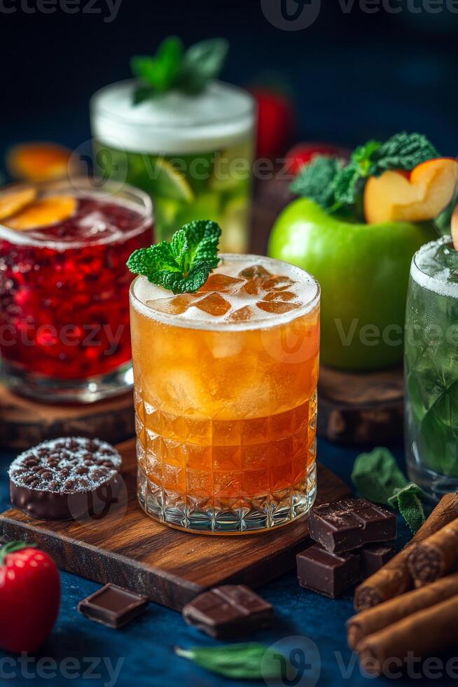 A table with a variety of drinks, including a glass of tea with a green leaf on top photo