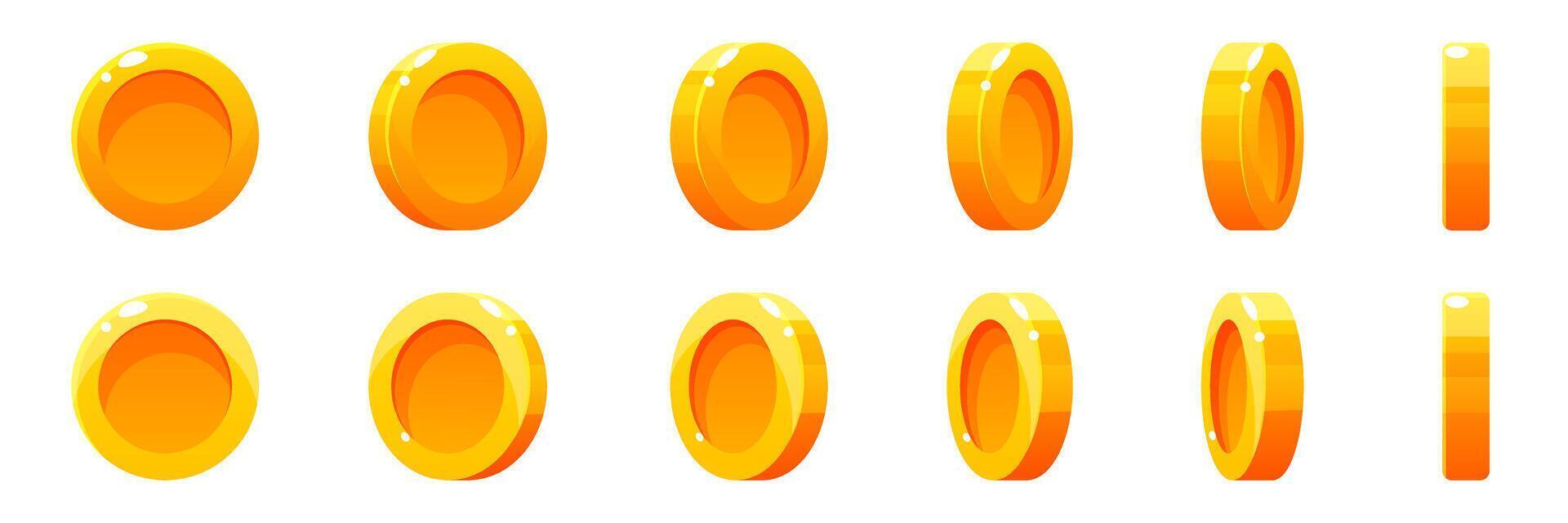 Gold coins in different positions. Set of rotating gold coins. Gold money, bank, money treasures, earnings, piggy bank, financial literacy. Elements of rotation of winnings in jackpot, casino, poker. vector