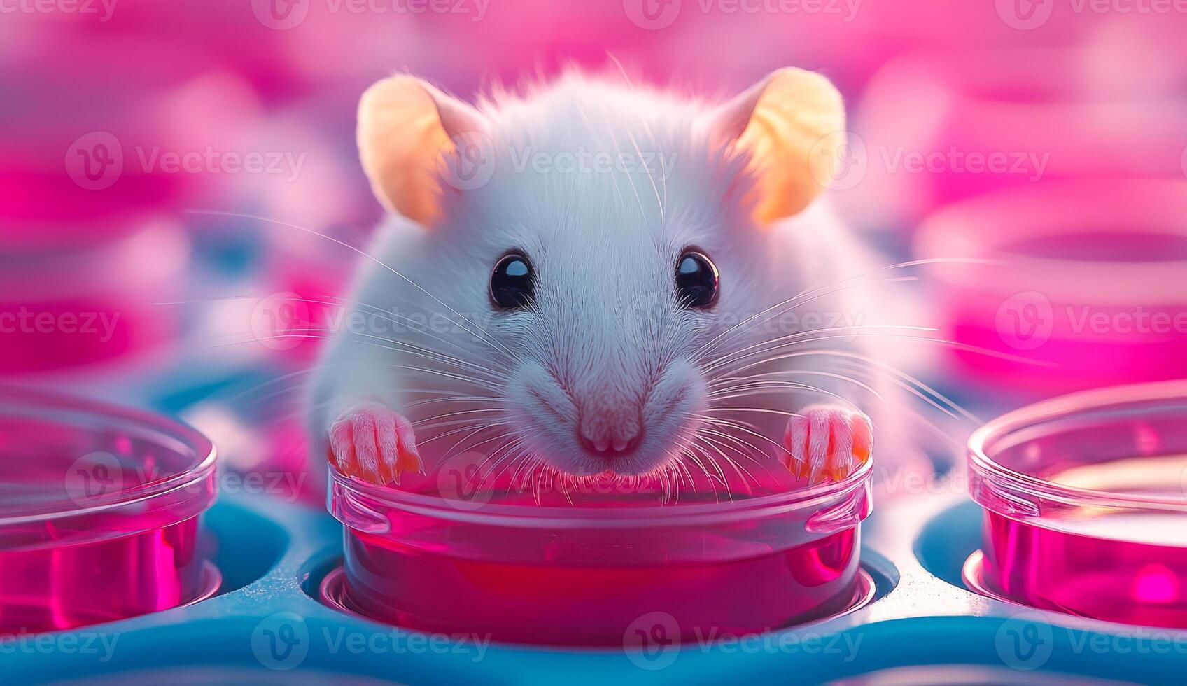 A white mouse is looking at the camera in a pink container. The mouse is in a lab setting, surrounded by pink containers photo