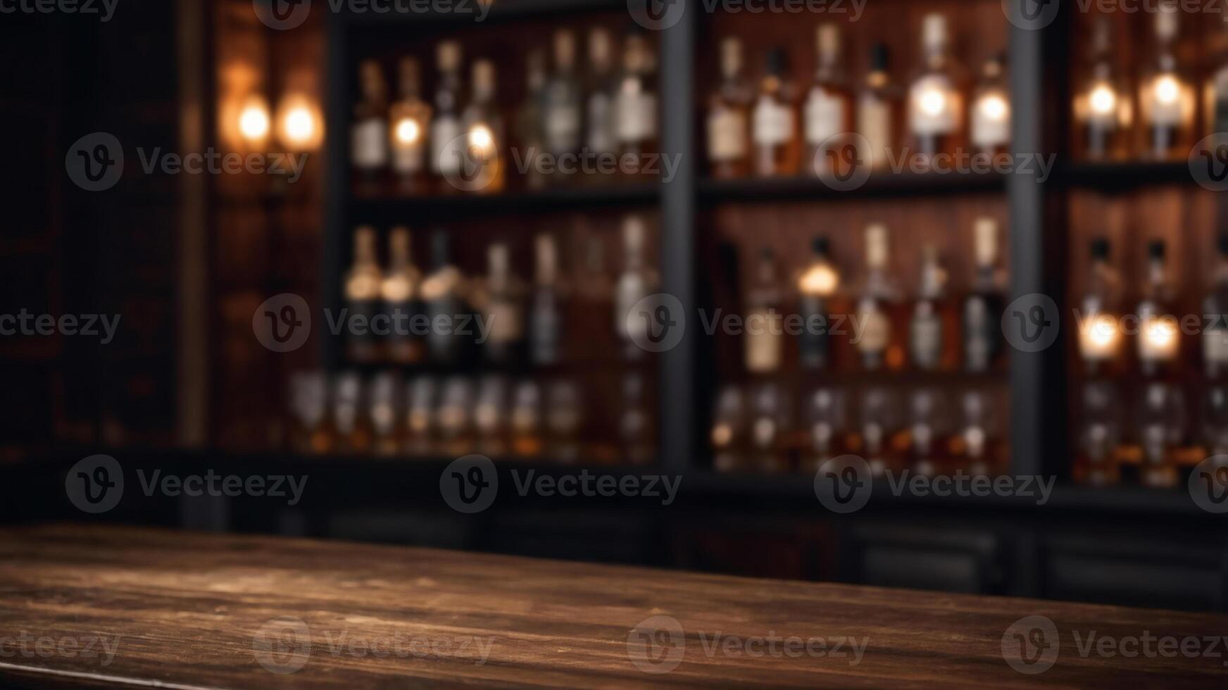Dark wooden bar top with blurred background of liquor bottles. Perfect for showcasing your products photo