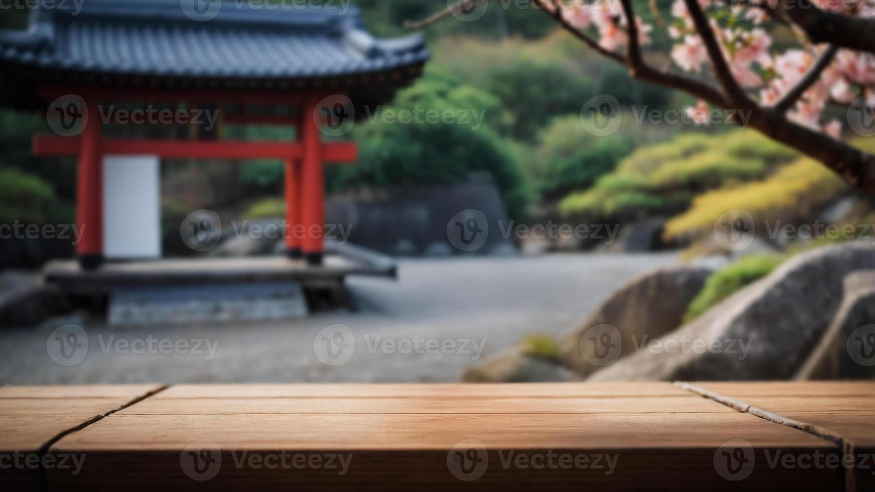 Wooden table in a serene garden setting, perfect for showcasing your products. photo