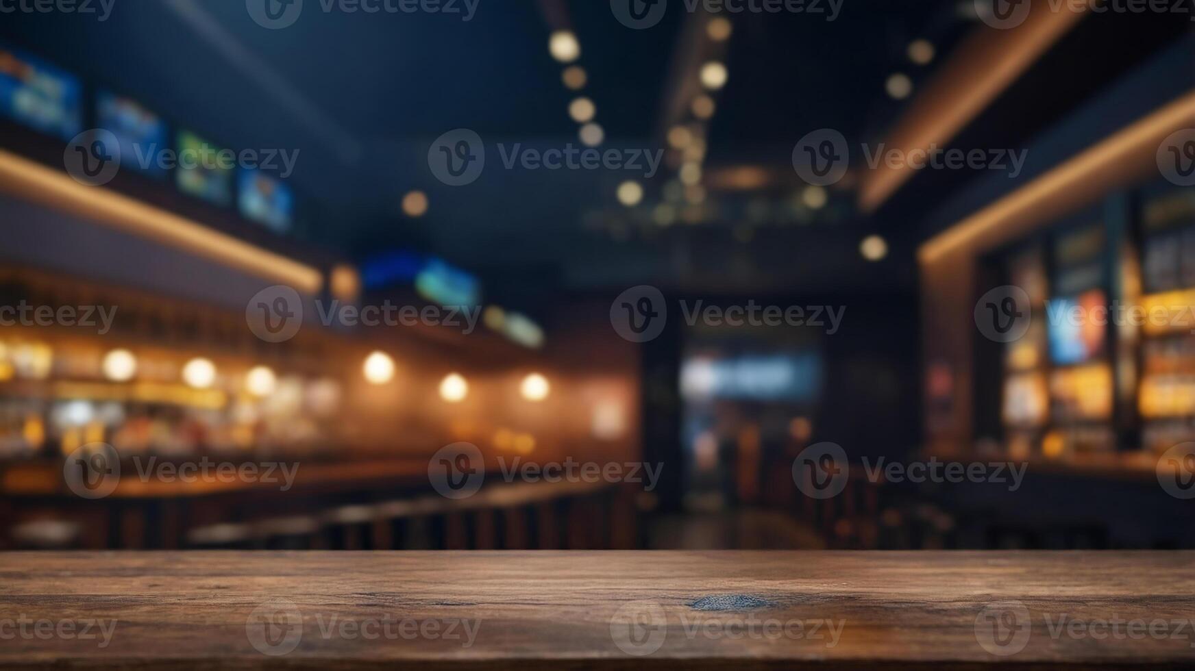 Empty wooden table in a dimly lit bar or pub. Perfect for showcasing your products photo