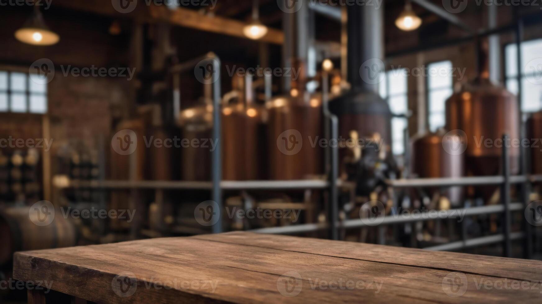 Rustic wooden table in a vintage distillery. Perfect background for product display, showcasing craftsmanship and aged textures. photo