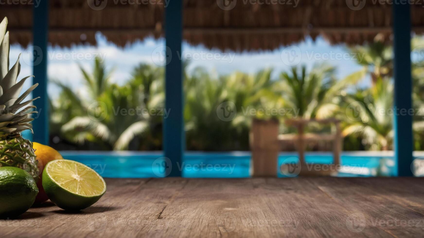 Tropical fruits on a wooden table with a blurred background of a swimming pool and palm trees. photo