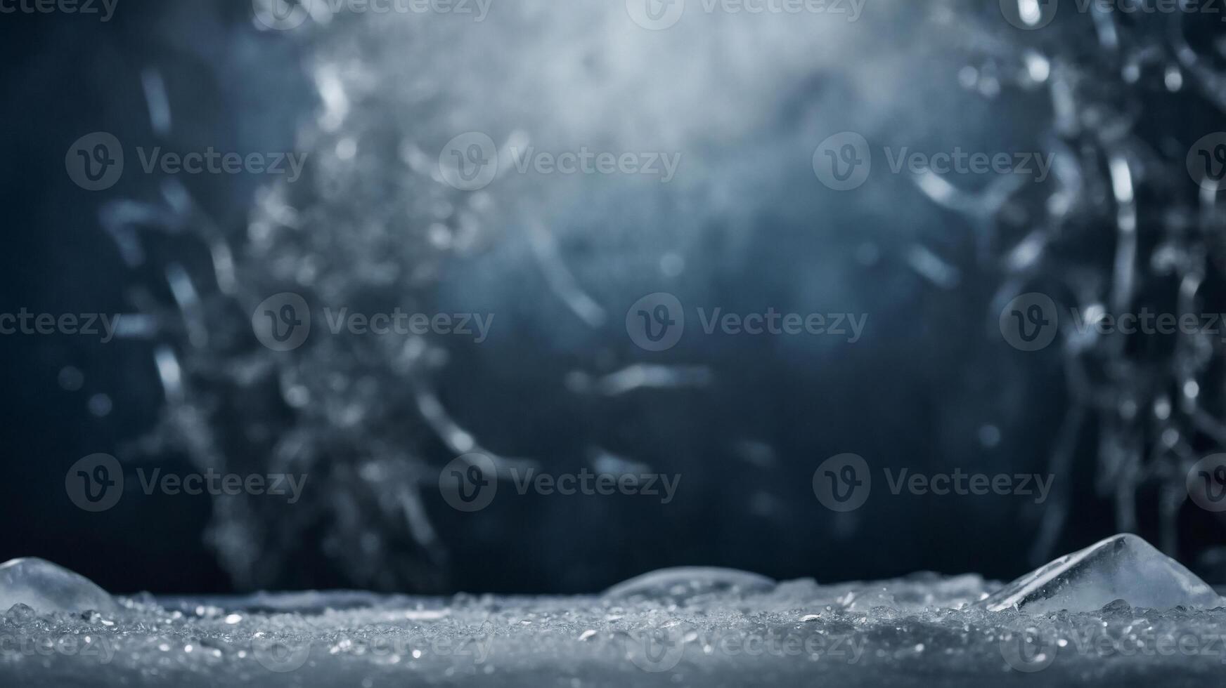 Icy winter scene, perfect background for product display. Cool, frosty texture and blurred background create a magical, winter wonderland feel. photo