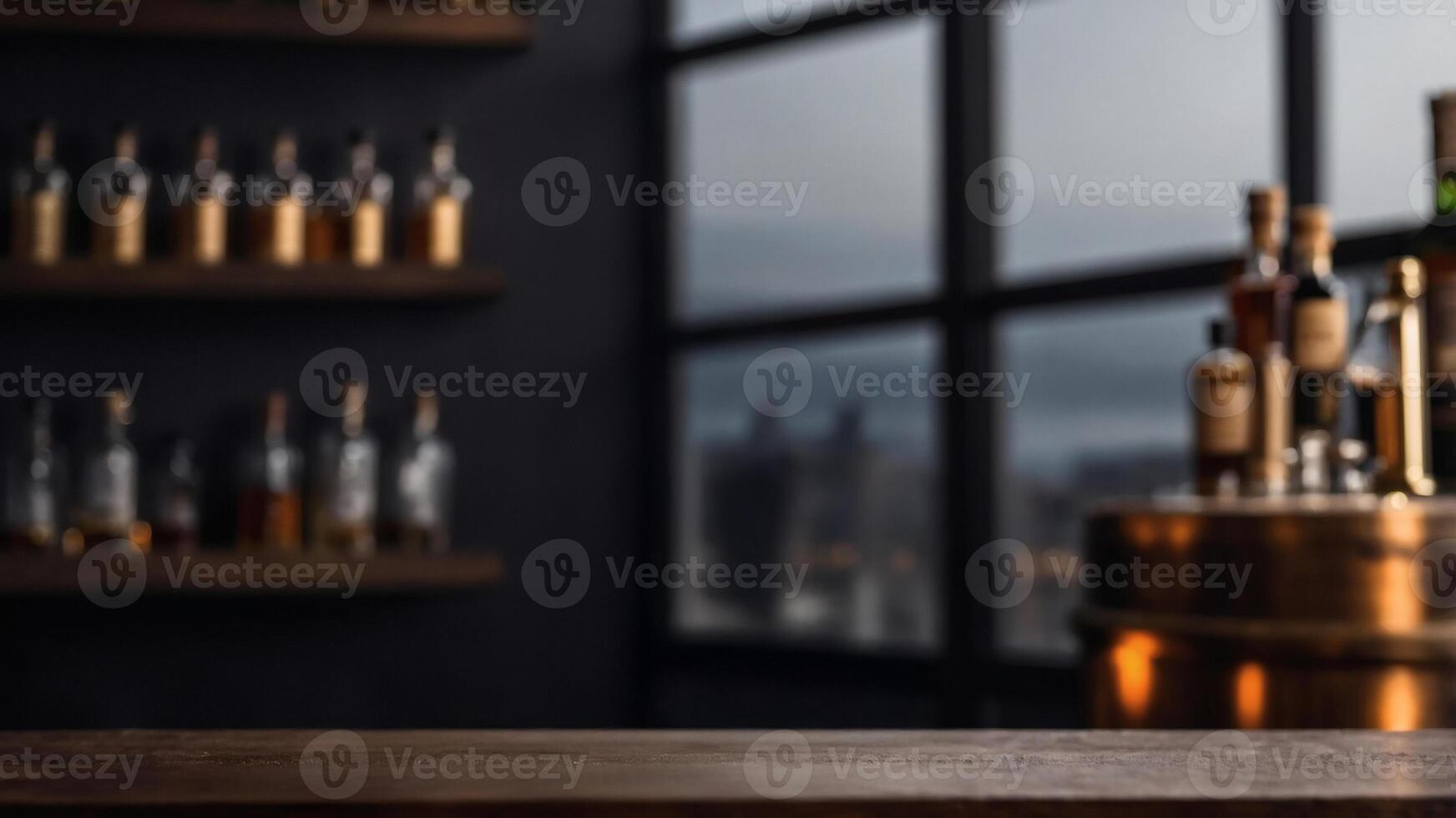 Dark wooden surface with blurred background of shelves filled with liquor bottles and a large window with a city view. photo
