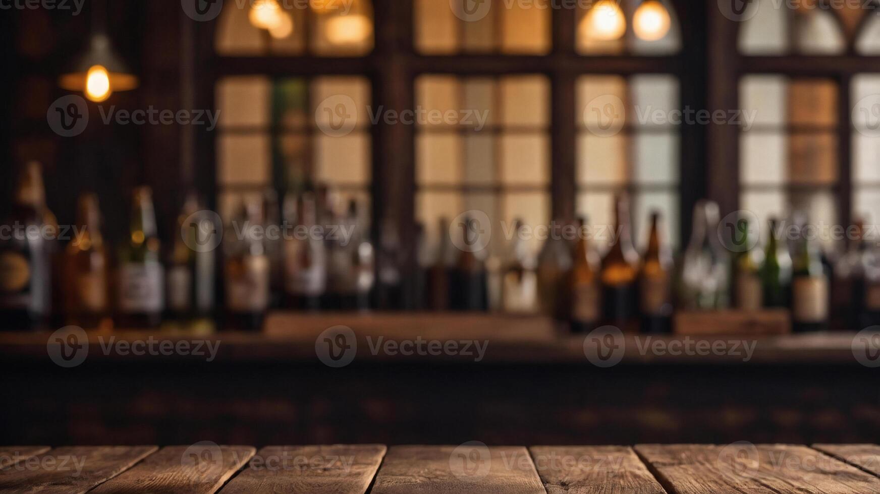 Rustic wooden table in a dimly lit bar setting, perfect for showcasing your product. photo