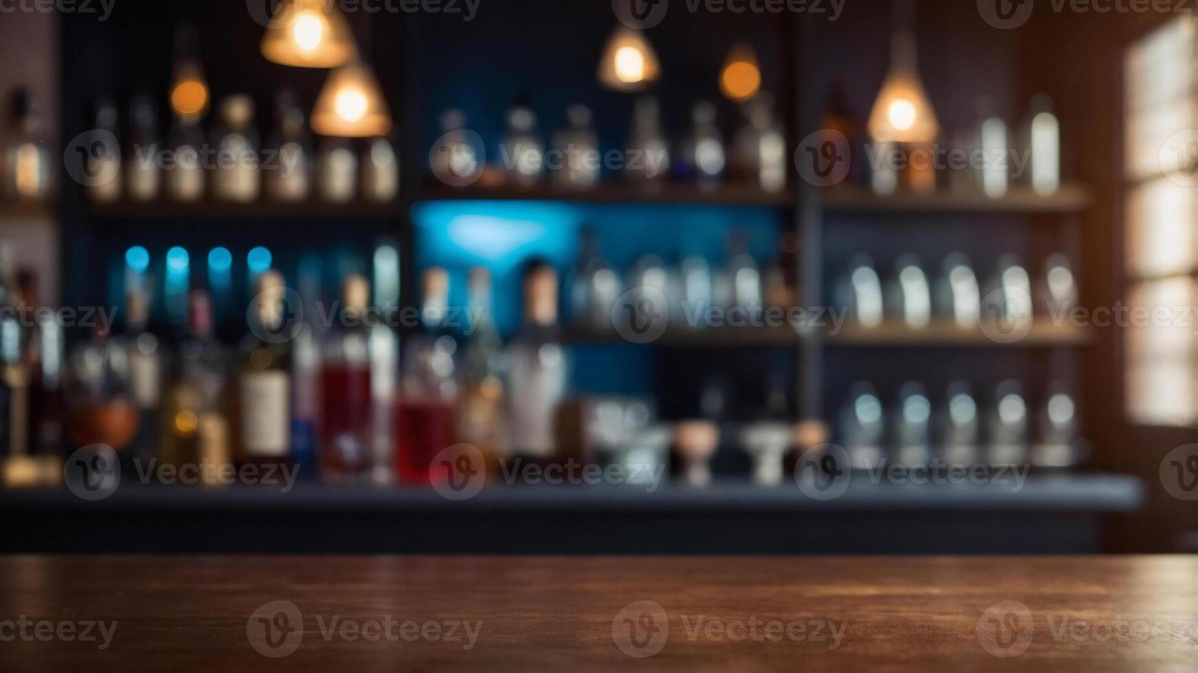 Empty bar top with blurred background of liquor bottles and shelves. Perfect for showcasing your product. photo