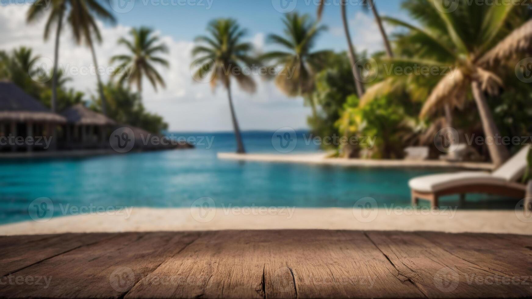Tropical paradise resort with pool and palm trees. Perfect for showcasing products against a relaxing backdrop. photo