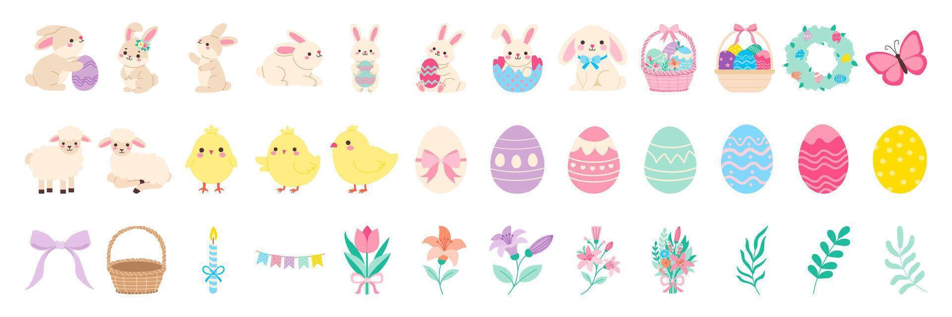 A collection of Easter themed images including Easter eggs, rabbits, and flowers. The images are in a pixelated style and are arranged in a row vector