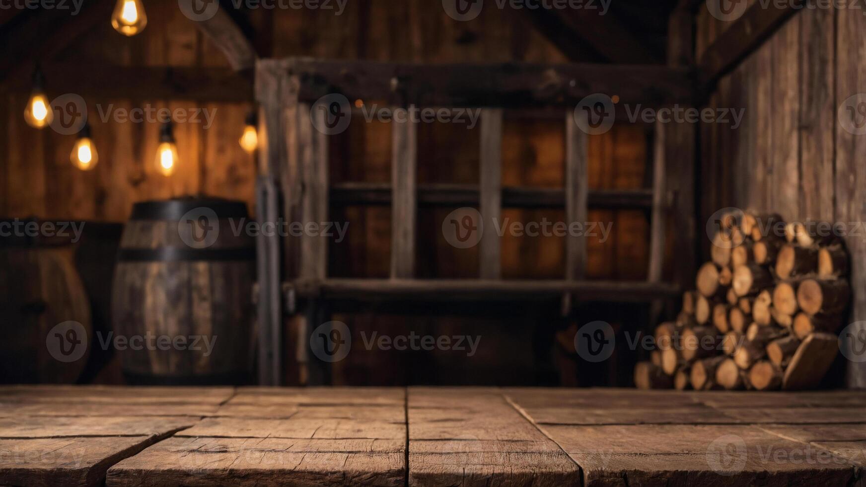 Rustic wooden table in a barn setting, perfect for showcasing products. Warm lighting and aged wood create a cozy ambiance. photo